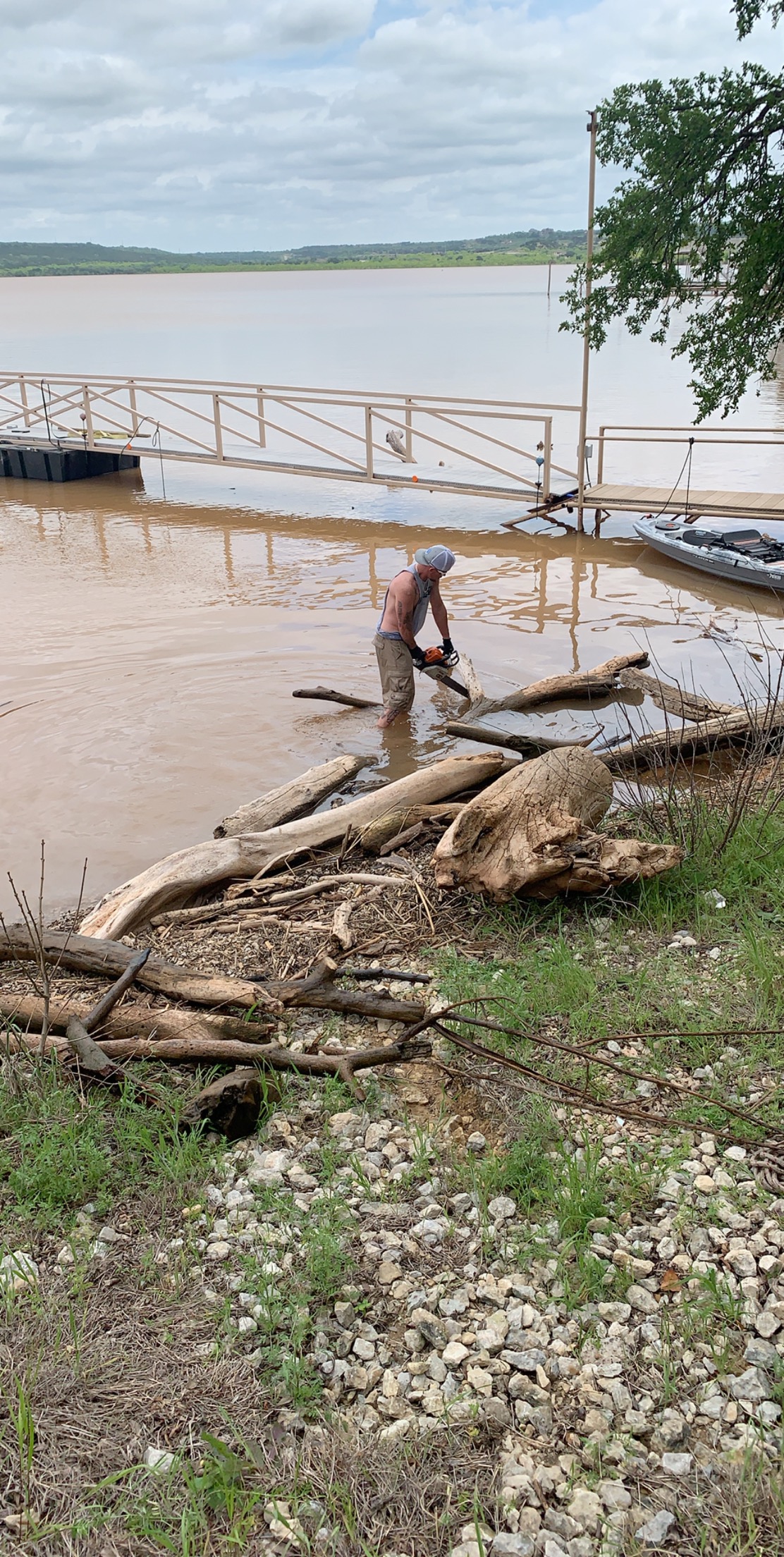 Emergency tree cleanup at a lake shoreline after a storm