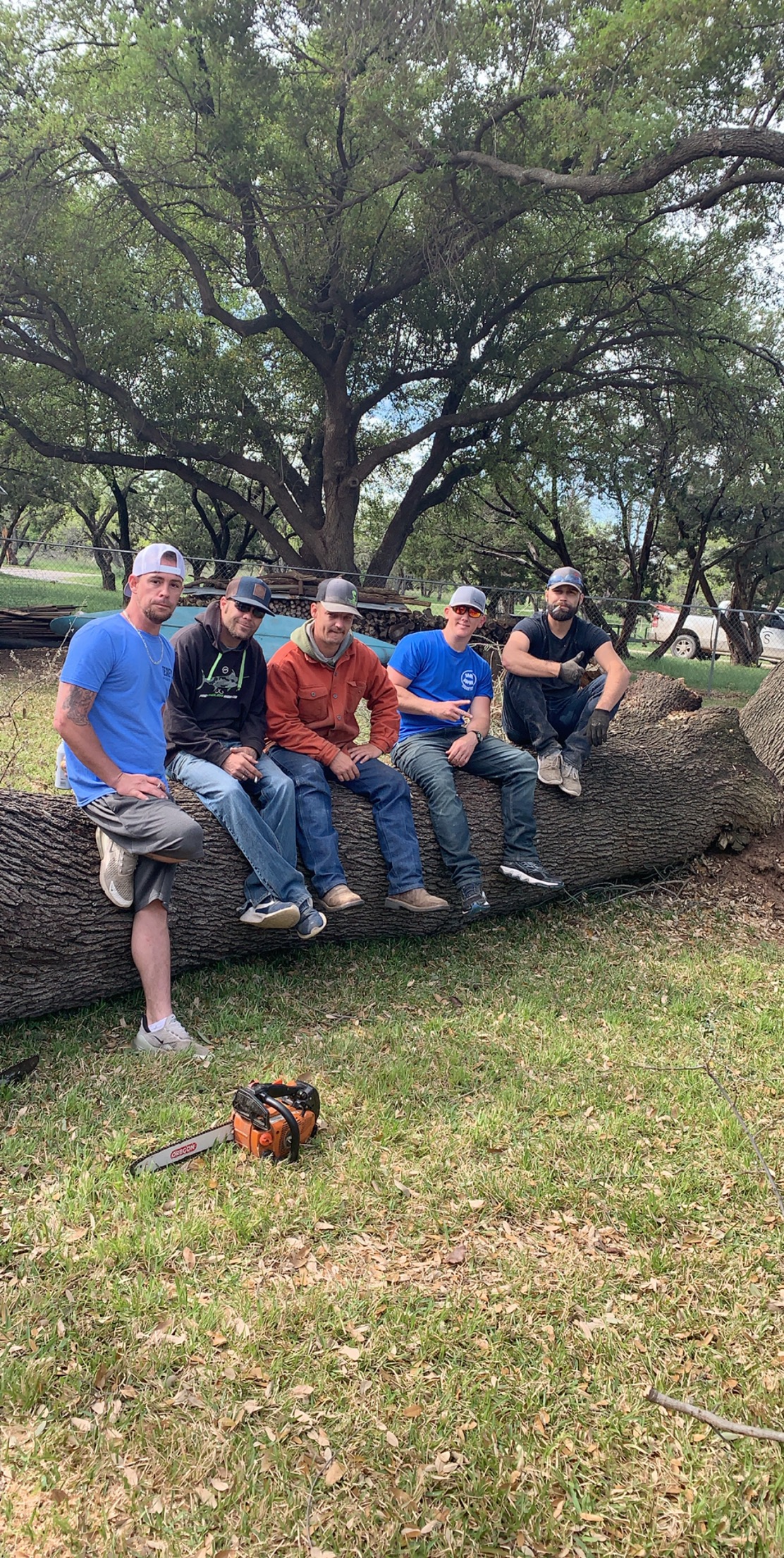 J.P. Simmons and his crew sitting on a large felled tree trunk with a chainsaw